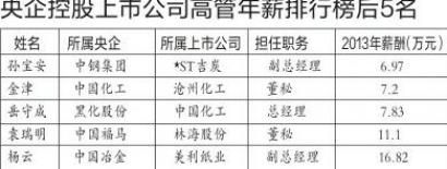 央企控股上市公司高管年薪后5名。